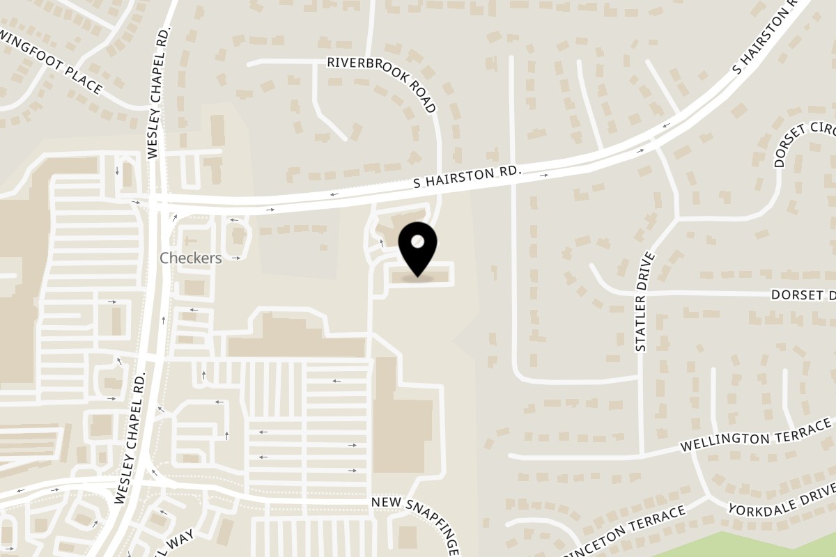 Map showing the location of Queen Vees African Cuisine on 2532 S Hairston Rd Suite I in Decatur